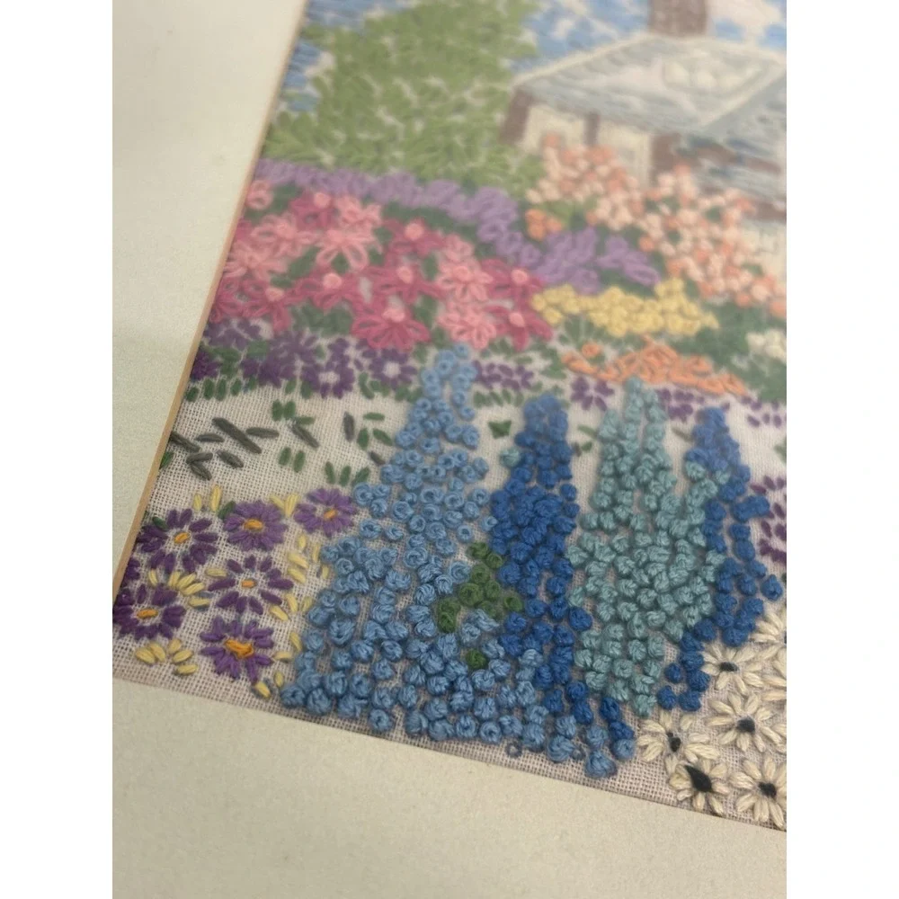 Crewel Embroidery Art 15x12 Multi-Color Cottage Garden Framed Home Decor Vintage